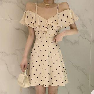 Short-sleeve Cold Shoulder Dotted A-line Dress