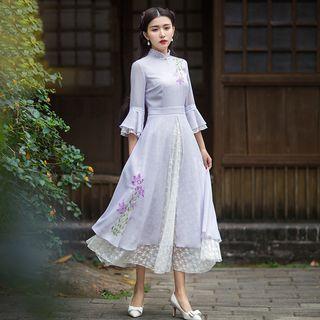 Inset Lace Embroidery Sheath Dress