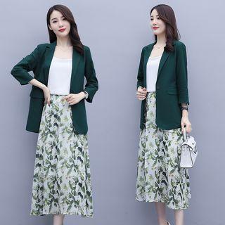 Set: Plain Blazer + Print Chiffon Midi A-line Skirt