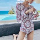 Flower Print Long-sleeve Swimsuit Red & White - M