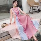 Sleeveless Color Block Ruffled Maxi Pleated Dress
