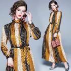 Printed Dotted Panel Long-sleeve Maxi A-line Dress As Shown In Figure - One Size