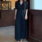 Dotted Puff-sleeve Maxi A-line Dress Black - One Size