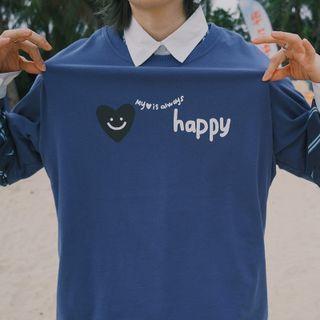 Long-sleeve Smiley Face Print Lettering T-shirt