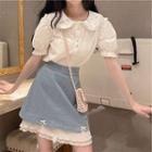 Puff-sleeve Floral Lace Trim Shirt / Bow Detail Mini A-line Skirt / Set