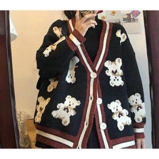 Bear Print Striped Trim Cardigan / Mini Pleated Skirt