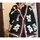 Bear Print Striped Trim Cardigan / Mini Pleated Skirt