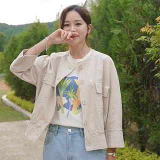 Fray-edge Dual-pocket Linen Blend Jacket