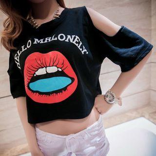 Lips Print Cut Out Shoulder Short Sleeve T-shirt
