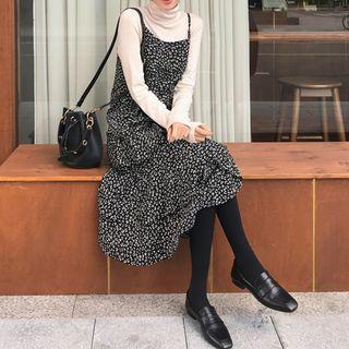 Leopard Pattern Tiered Pinafore Dress Black - One Size