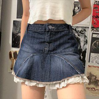 Low-waist Panel Ruffle Trim Denim Skirt