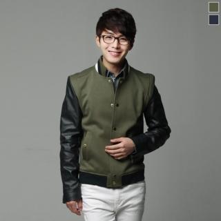 Faux-leather Sleeve Baseball Jacket