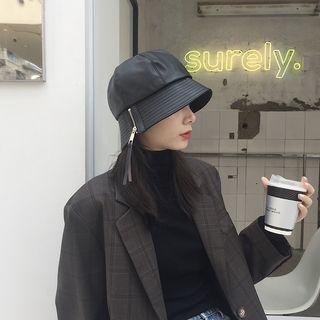 Faux Leather Zipped Bucket Hat Black - M