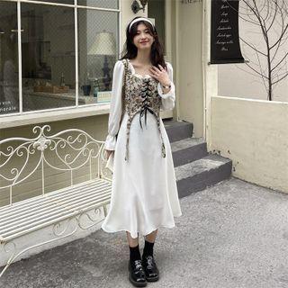 Mock Two-piece Puff-sleeve Floral Print Lace-up Dress