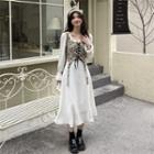 Mock Two-piece Puff-sleeve Floral Print Lace-up Dress