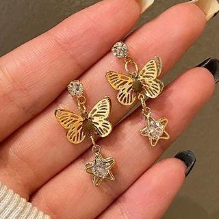 Butterfly Drop Earring 1 Pair - 925 Silver Stud - Gold - One Size