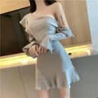 Bell-sleeve One-shoulder Knit Mini A-line Dress