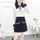 Collared Knit Top / A-line Mini Skirt / Set