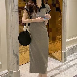 Short-sleeve Lapel Contrast Trim Slit T-shirt Dress