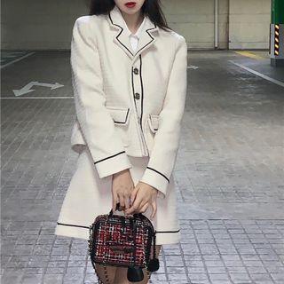 Long-sleeve Contrast Trim Blazer / High-waist Mini Skirt