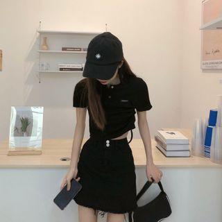 Short-sleeve Plain T-shirt / Denim A-line Mini Skirt