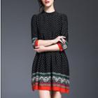 Elbow-sleeved Polka Dot Loose-fit Crewneck A-line Sheath Dress