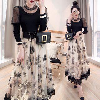 Set: Puff-sleeve Knit Top + Flower Print Lace Trim Maxi A-line Skirt