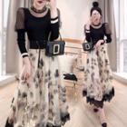 Set: Puff-sleeve Knit Top + Flower Print Lace Trim Maxi A-line Skirt