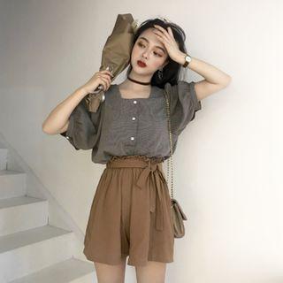 Puff-sleeve Top / High-waist Shorts