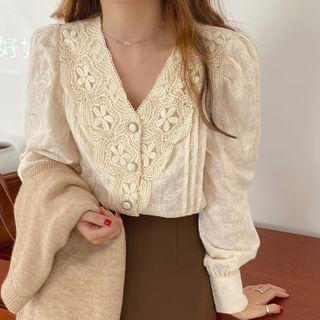 Lace Button-up Blouse / Plain Mini Skirt