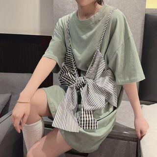 Mock Two-piece Bow Mini Dress Green - One Size