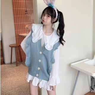 Ruffle Trim Knit Vest / Chiffon Blouse