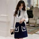 Contrast Trim Shirt / High Waist A-line Skirt