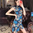 Traditional Chinese Sleeveless Printed Ruffled Mini Dress