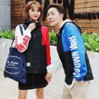 Couple Matching Lettering Color Block Hooded Zip Jacket