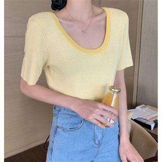 Round Neck Striped Short Sleeve Knit Top