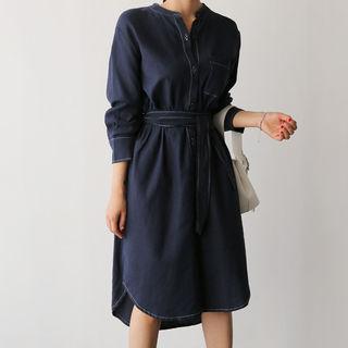 Mandarin-collar Stitched Dress With Sash