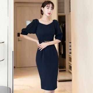 Puff-sleeve Square-neck Sheath Dress With Belt