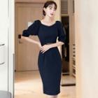 Puff-sleeve Square-neck Sheath Dress With Belt