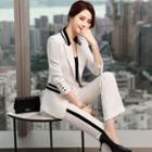 Set: Contrast Trim One-button Blazer + Dress Pants