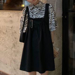 Elbow-sleeve Zebra Print Shirt / Mini Overall Dress