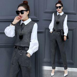 Set: Mock Two Piece Collared Long Sleeve Top + Plain Pants
