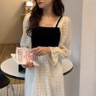 Long-sleeve Velvet Panel Lace Midi A-line Dress Beige - One Size