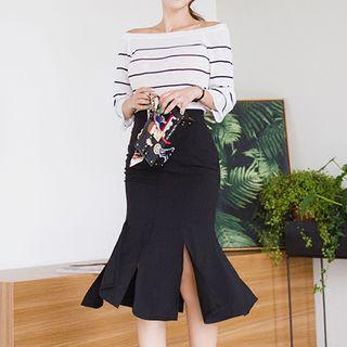Set : Stripe Long-sleeve Top + Mermaid Midi Skirt