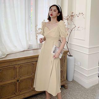 Puff-sleeve Twist-front Midi A-line Dress