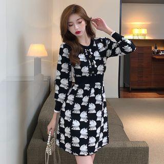 Long Sleeve Round Neck Patterned Dress