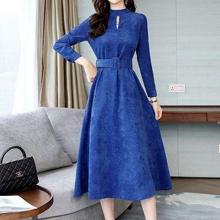 Cut-out Long-sleeve A-line Midi Corduroy Dress