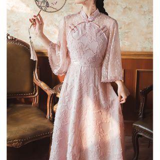 3/4-sleeve Mesh Panel Qipao Dress