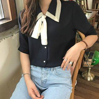 Bow Accent Short Sleeve Shirt Navy Blue - One Size