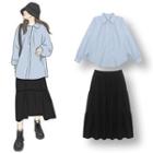 Long-sleeve Plain Shirt / Tiered A-line Midi Skirt